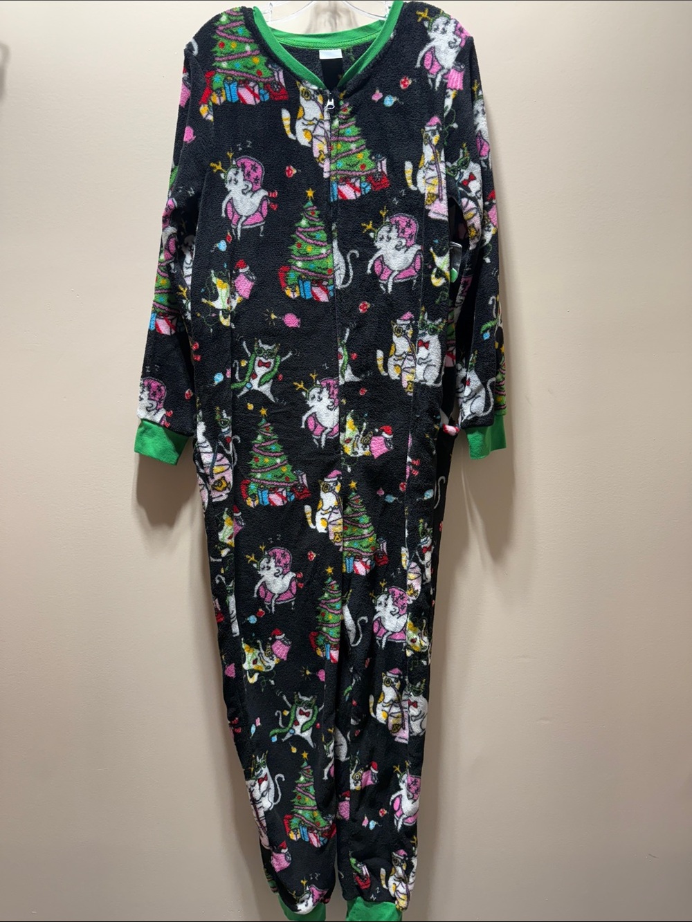 Woman Black Cat & Christmas Tree One-Piece Pajamas - Unbranded